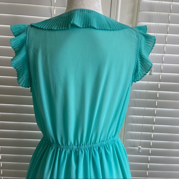 CIEL USA Large Teal Blue Dress Pleated W/ Tie Neck & Ruffle Flutter Sleeves - Picture 13 of 13